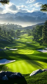 Sunlit mountain golf fairways with dynamic shadows and bunkers
