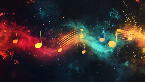 Colorful musical notes swirl through a cosmic nebula sky.