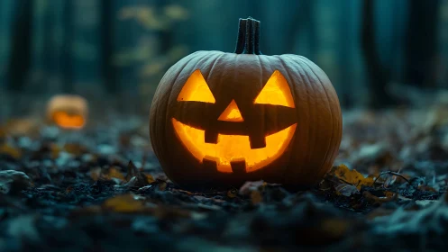 Glowing jack-o&rsquo;-lantern lights misty forest floor at dusk.