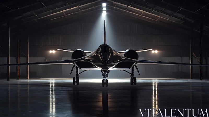 Supersonic reconnaissance aircraft is centered in dim hangar