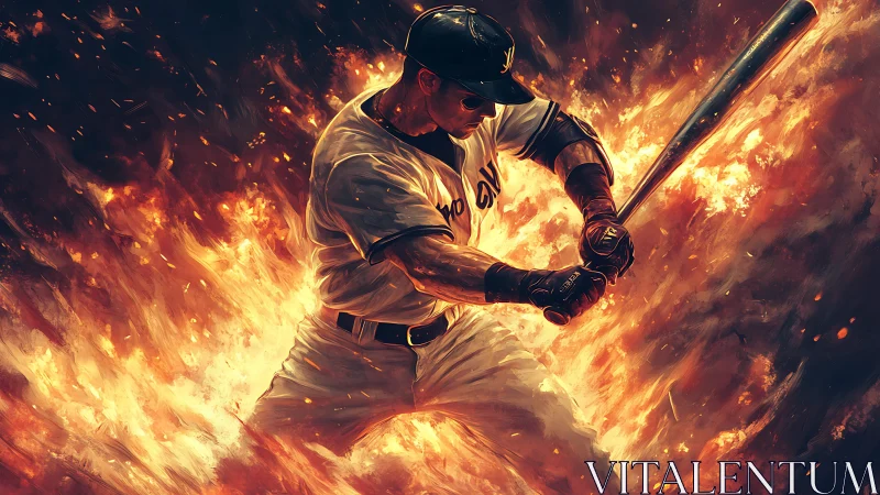 Digital rendering of baseball batter amid stylized flames.