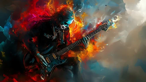 Chromatic combustion around spectral guitarist in kinetic flux.