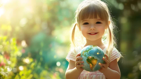 Young girl holding illuminated globe in garden setting.