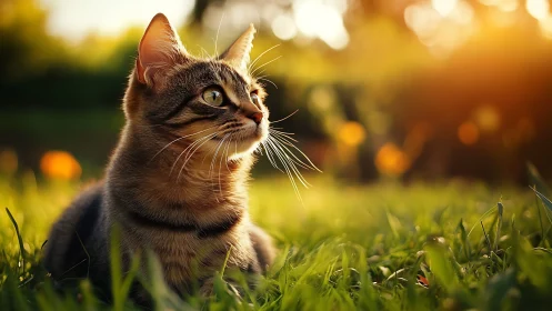 Tabby Cat Gazing Upward in Golden Sunlit Meadow