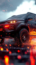 Off-road SUV splashes through wet glowing roadway at speed