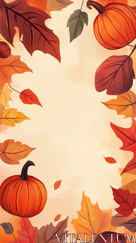 Autumnal foliage border with stylized pumpkins and warm gradient.