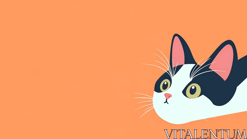 Black and white cat with pink ears gazes at viewer against orange background.