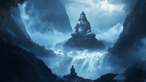 Divine mountain statue above misty cascading waterfalls.