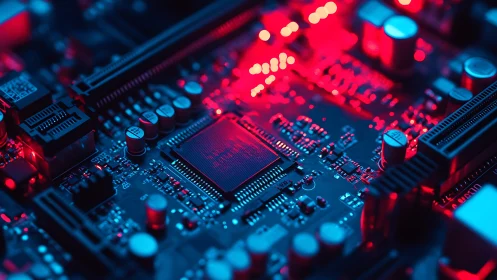 Cyberpunk motherboard macro with neon red circuit illumination.