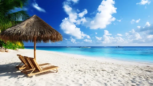 Tropical Strand with Thatched Parasol and Wooden Lounge Chairs.