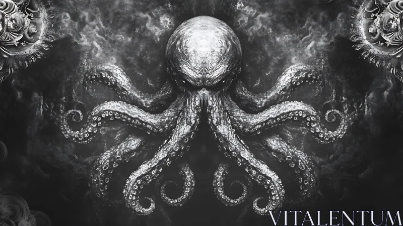 Monochrome abyssal octopus spreads swirling luminous arms.