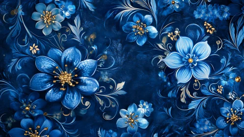 Ornamental Blue Florals with Gilt Accents: Layered Digital Composition.