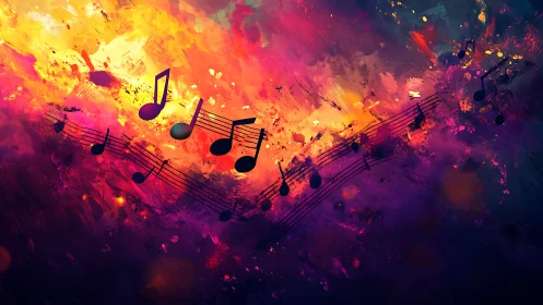 Musical notation silhouettes traverse multicolored abstract field