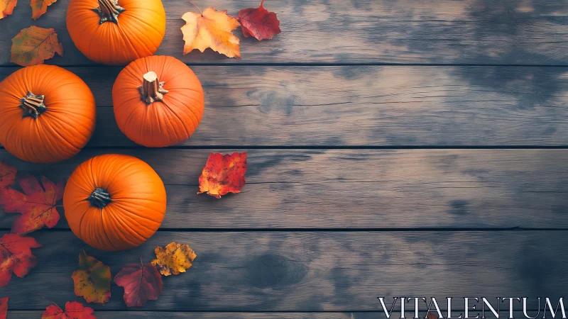 Pumpkins and autumn leaves on rustic wooden table.