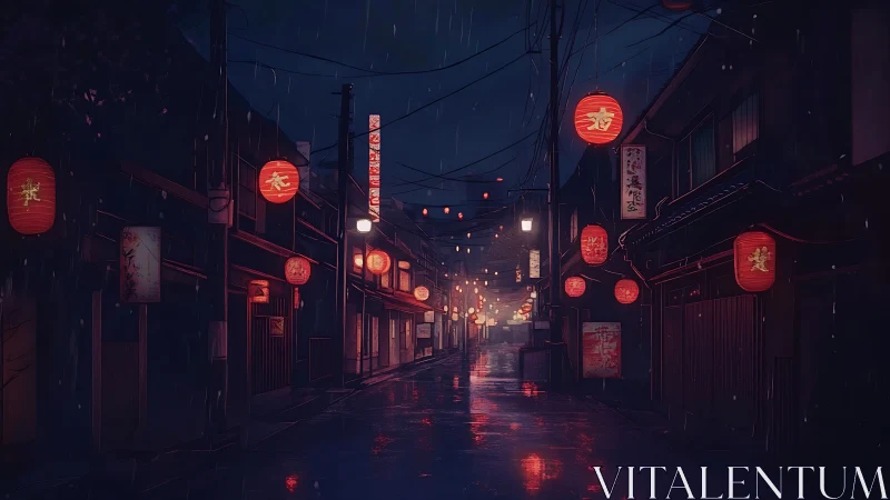 Rainy lantern-lit alleyway glows softly in midnight silence
