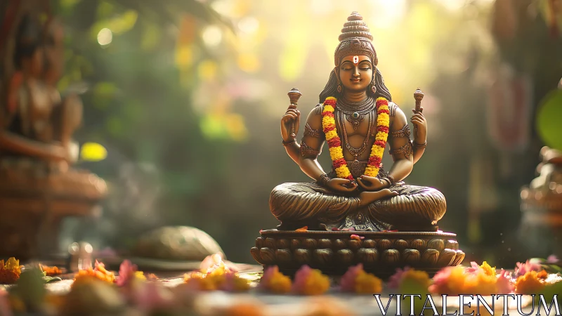 Sunlit deity statue blooms in marigold garlands and incense.