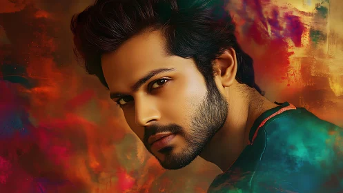 Intense male portrait against vibrant abstract color field.