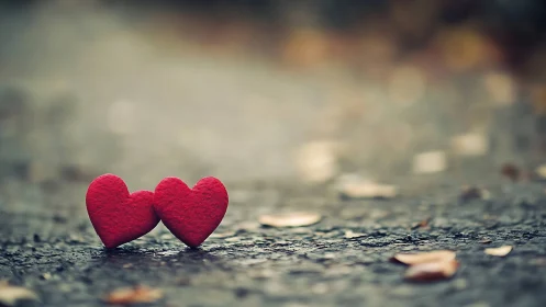 Two Red Hearts Connect on Weathered Ground