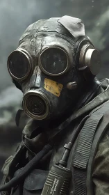 Individual in heavy gas mask and tactical gear outdoors.