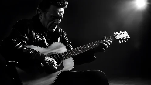 Black and white portrait of man playing acoustic guitar.