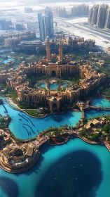 Lakeside desert resort complex encircles vivid turquoise lagoon