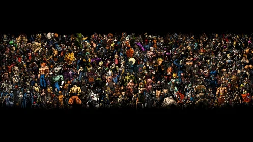 Dense crossover character montage unifying comic battle forces