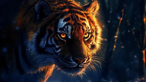 Midnight embers curl in a tiger’s eyes as forests smolder