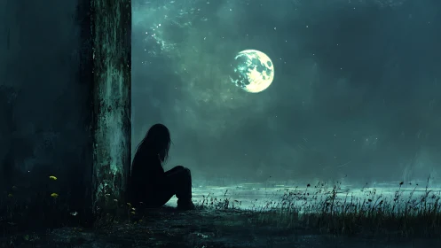 Quiet moonlit shoreline with a lone thoughtful dreamer.