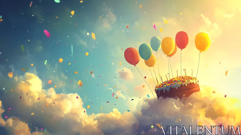 Enchanted Birthday Cake Ascending Through Clouds with Balloons.
