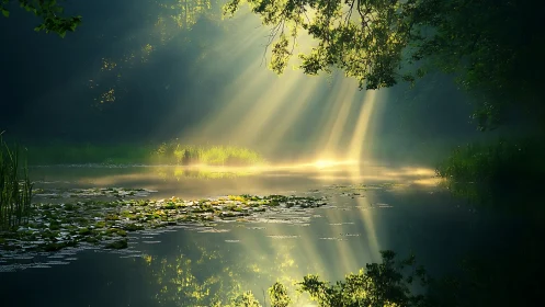 Serene forest pond illuminated by morning sunlight in a dreamy style.