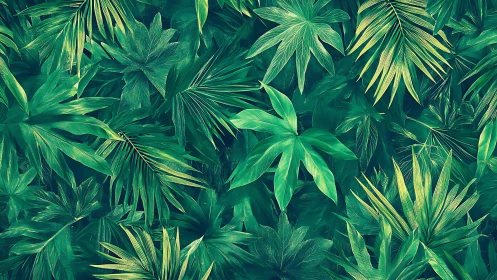 Dense layered tropical leaves in bold green tones.