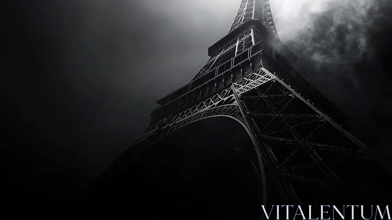 Moody Eiffel Tower rises through dramatic swirling Paris fog
