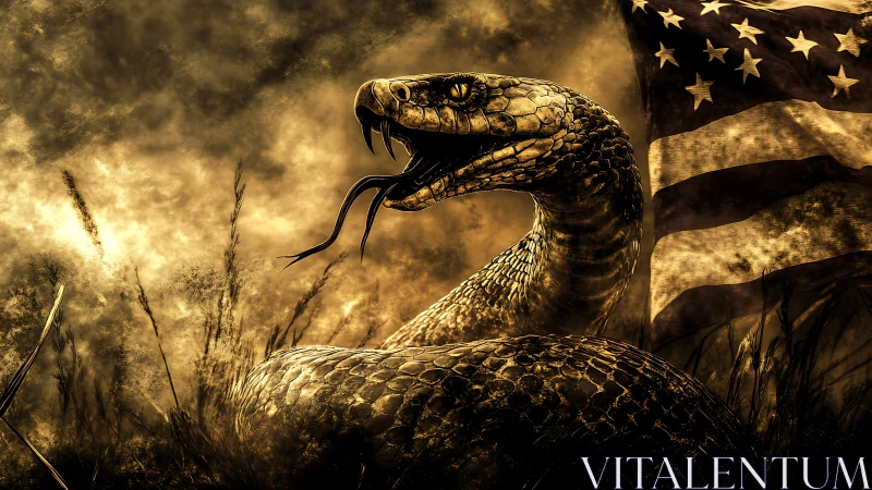 Coiled rattlesnake renders against distressed US flag backdrop