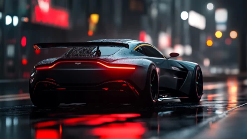 Sleek black supercar on wet neon city street at night.