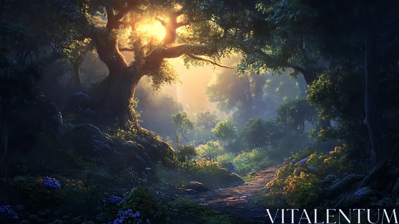 Ancient forest clearing with sunburst through majestic tree canopy