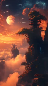 Cliffside pagoda above clouds under moonlit meteor sky.