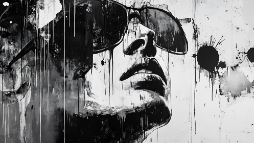 Monochrome portrait mural of face in sunglasses on wall.