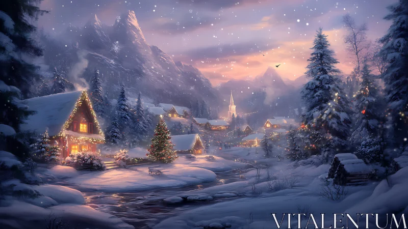 Digital painting of illuminated alpine village in winter twilight.