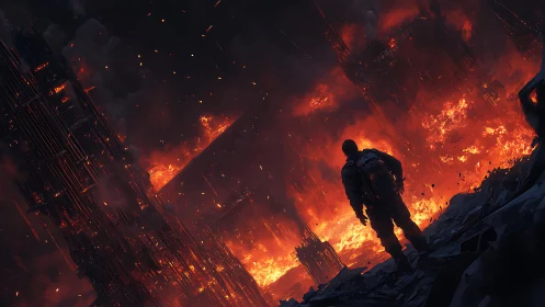 Lone survivor watching a burning futuristic cityscape.
