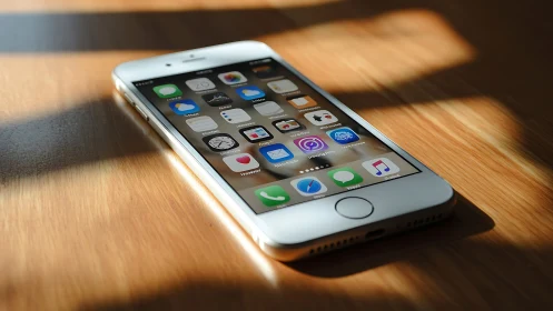 White iPhone glows beneath golden afternoon sunlight streaming across wooden surface