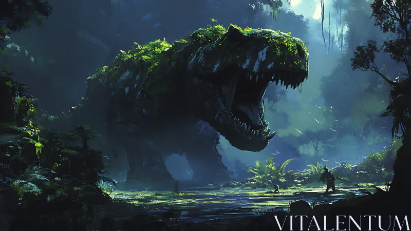 Colossal jungle dinosaur roars over explorers in misty valley.