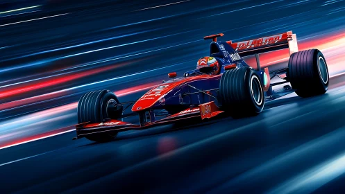Single-seater race car on illuminated high-speed track.