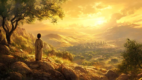 Solitary figure overlooking golden valley at sunrise