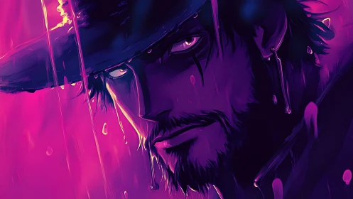 Neon drenched gunslinger portrait in high contrast chroma lighting.