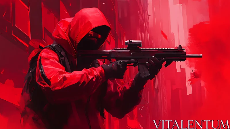 Hooded tactical gunman in red urban digital artwork.