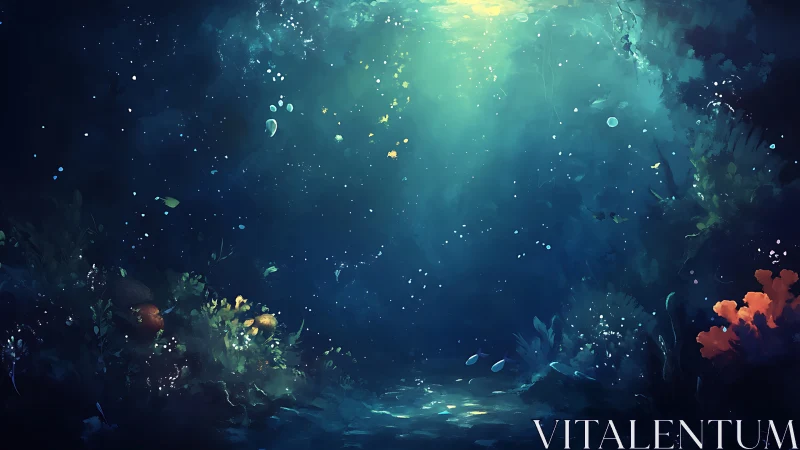 Submerged seafloor view with diffuse surface light beams.