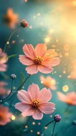 Soft pink blossoms glow gently in warm evening light