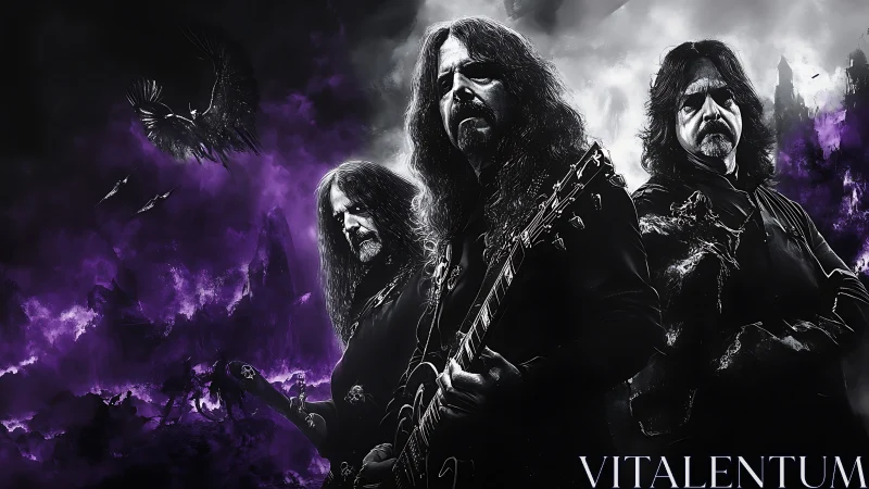 Triadic metal guitarists in spectral violet stormscape composition.