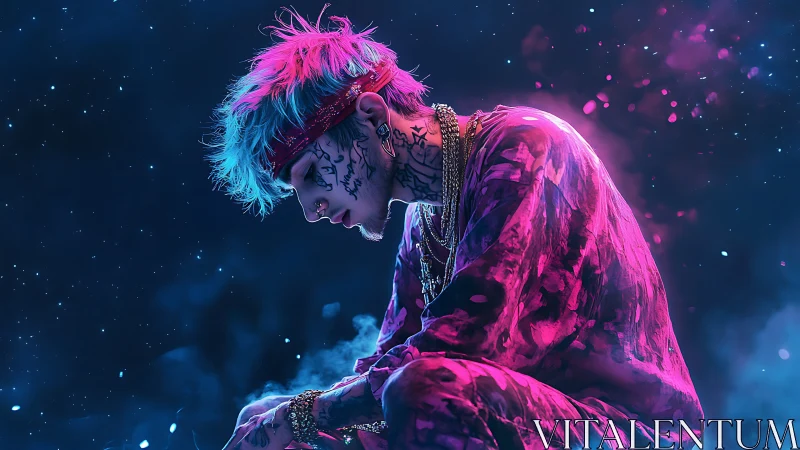 Neon-lit tattooed rapper in cosmic nightscape portrait.