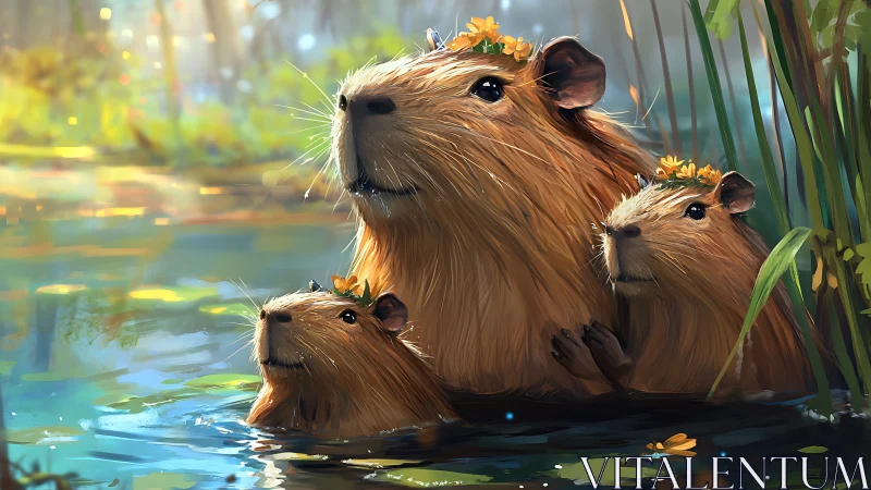 Capybara family rendered in detailed digital wetland lighting study